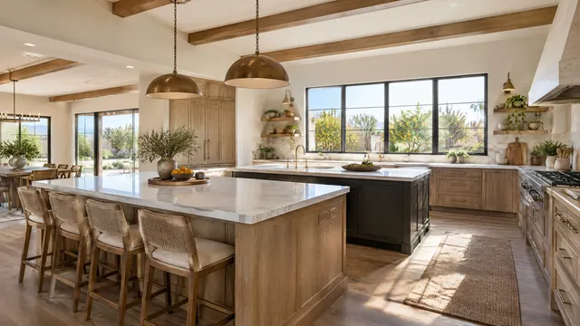 Spacious custom kitchen in a Chandler Heights home on a large lot, with beamed ceilings, a double island and windows facing citrus trees