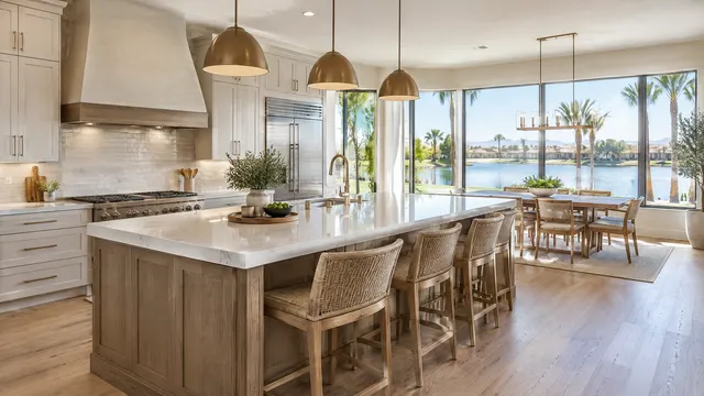 Updated kitchen in an Ocotillo, Chandler home with a large island and windows overlooking a lake and palm trees