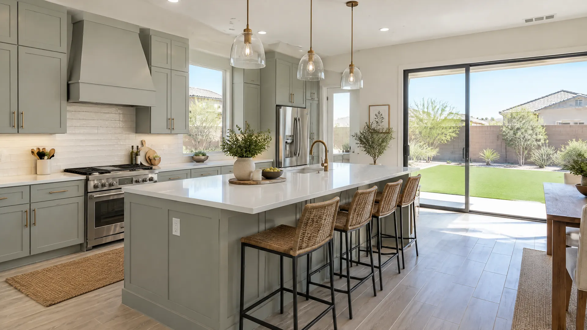 Bright kitchen in a newer south Chandler home with painted cabinets, a big island and a sliding door to a turf backyard