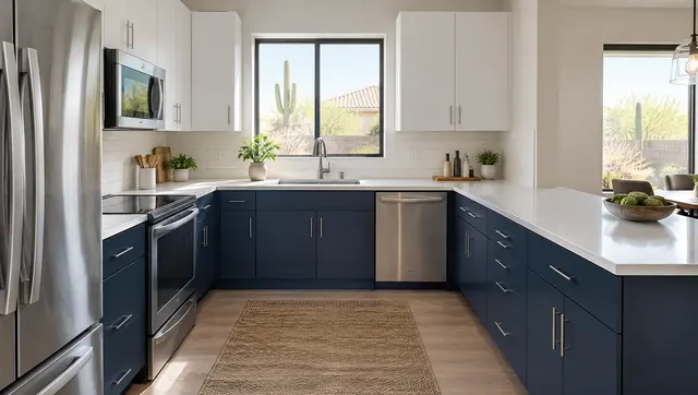 Kitchen with freshly painted deep navy lower cabinets and white uppers, new slab door fronts and brushed nickel hardware, original layout kept