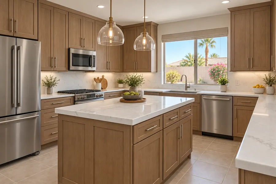 The same Chandler kitchen after a remodel: soffits removed, cabinets to the ceiling, quartz counters, a larger island with pendants and stainless appliances