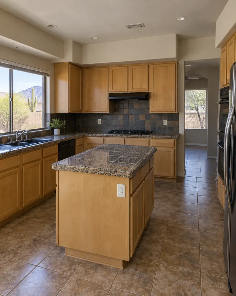 Dated early-2000s Chandler kitchen with maple cabinets under drywall soffits, speckled granite tile counters, a small island and dark tile backsplash, ready for a remodel