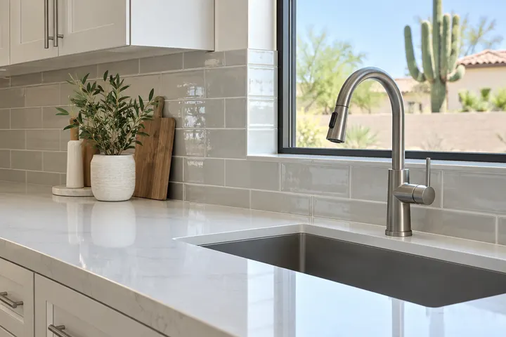 Clean quartz countertop and glazed tile backsplash beside a modern faucet, wiped spotless