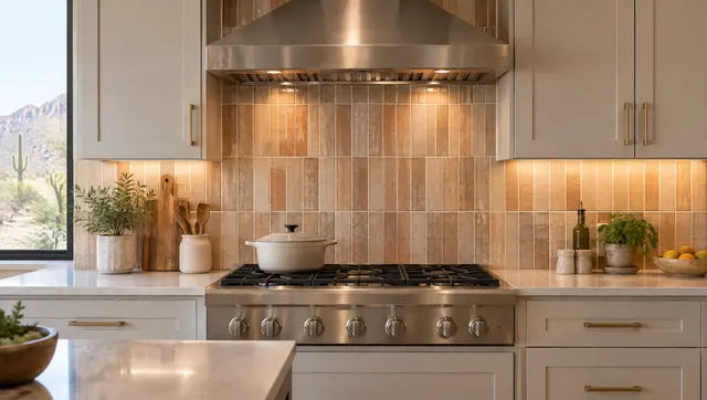 Vertical stacked rectangular tile backsplash in soft clay tones behind a gas range with a stainless hood, warm under-cabinet lights