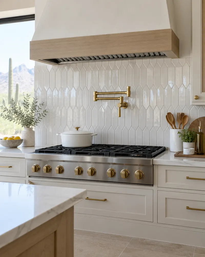 Picket-shaped white tile backsplash behind a range with a brass pot filler