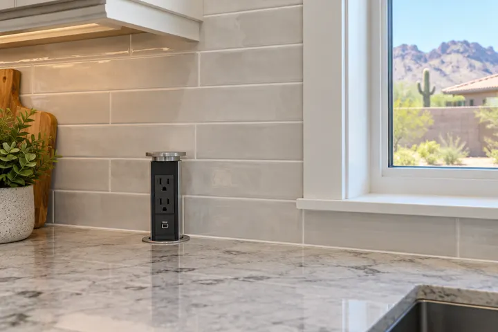 Clean tile cuts around a pop-up outlet and window trim on a backsplash