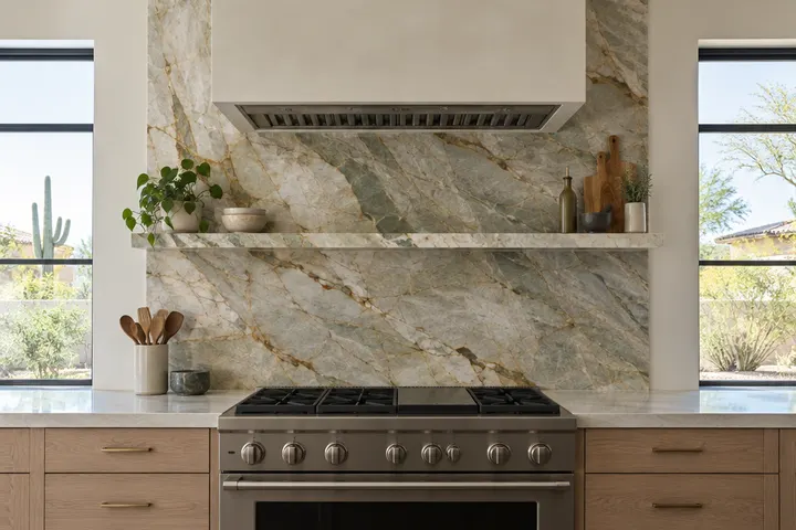 Full-height quartzite slab backsplash behind a range with a ledge
