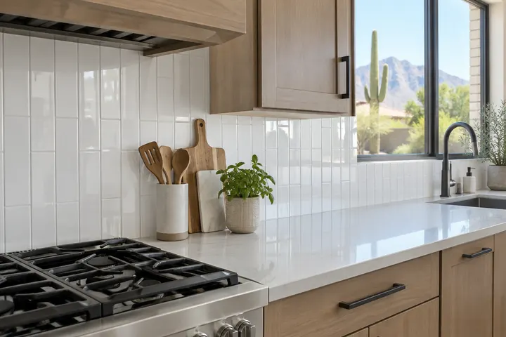 Long white subway tile backsplash in a vertical stack with matching grout
