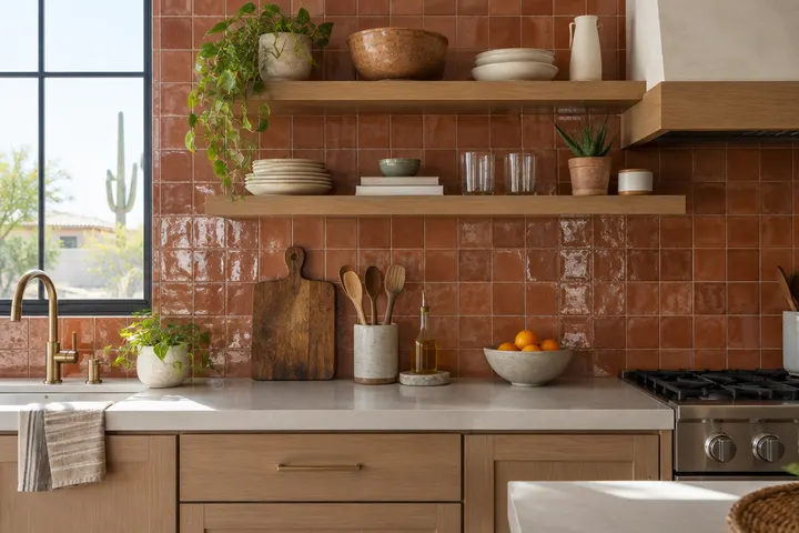 Glossy terracotta-toned handmade tile backsplash behind open shelves