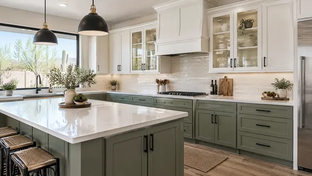 Newly installed two-tone kitchen cabinets, sage green lowers and white uppers, with glass-front display cabinets, crown molding and black hardware