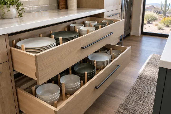 Wide base drawers with peg dividers holding plates and bowls