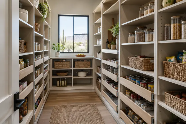 Walk-in style pantry cabinet wall with roll-out shelves and baskets