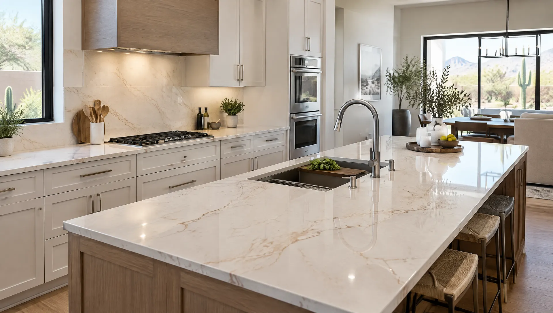 Newly installed warm-veined quartz countertops with an eased edge on a perimeter run and island, undermount workstation sink and a gooseneck faucet