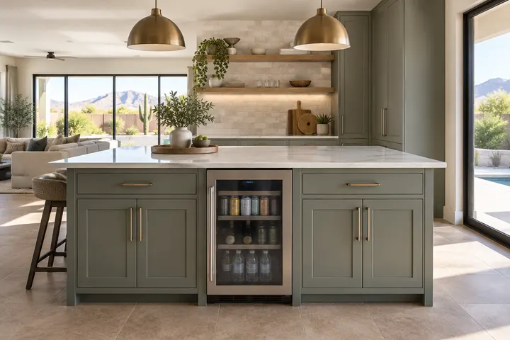 Island back panel with cabinets and a beverage fridge