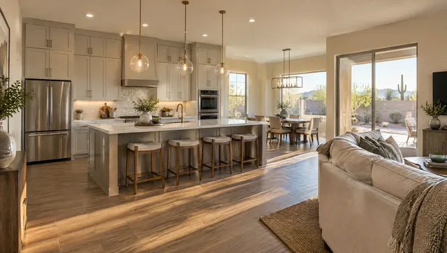 Wide view of a remodeled kitchen in a 2000s Chandler stucco home: former soffits removed, cabinets to the ceiling, a big island facing the family room, wood-look tile floors, late afternoon light
