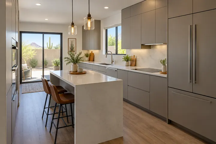 Compact remodeled townhome kitchen with slab cabinets, a small island and integrated appliances