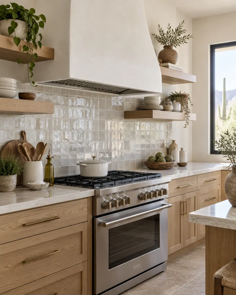 Remodeled kitchen detail with a range under a white plaster hood, zellige backsplash and floating oak shelves